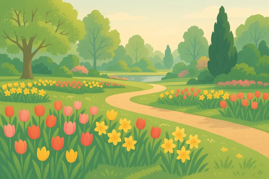 Spring blooms in Belgian gardens with tulips and daffodils