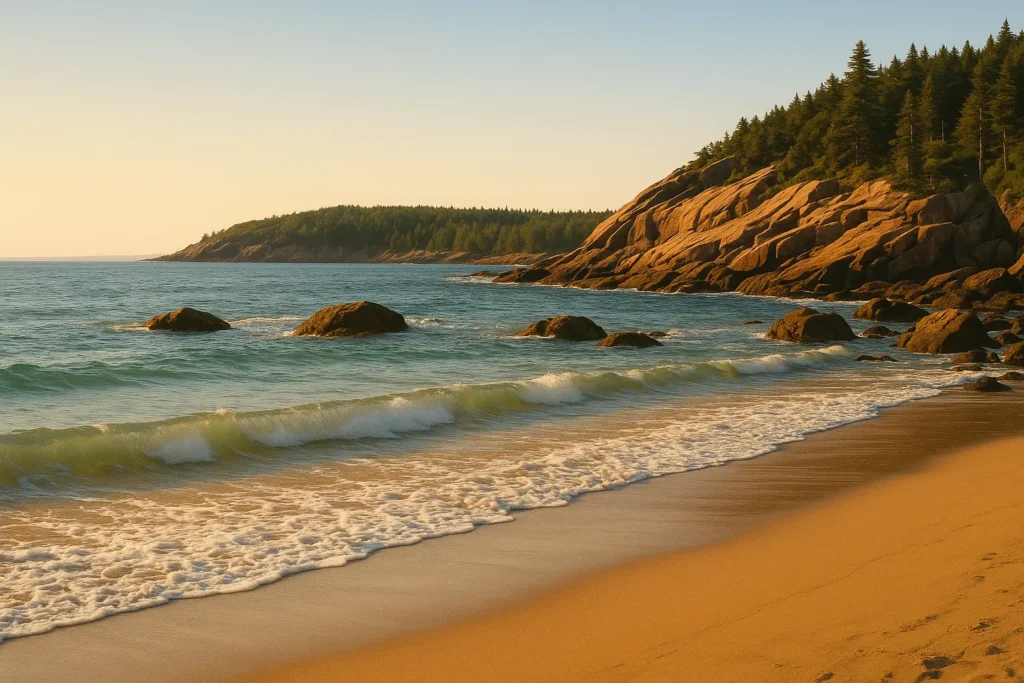 Romantic sunset dinner setting overlooking Bar Harbor