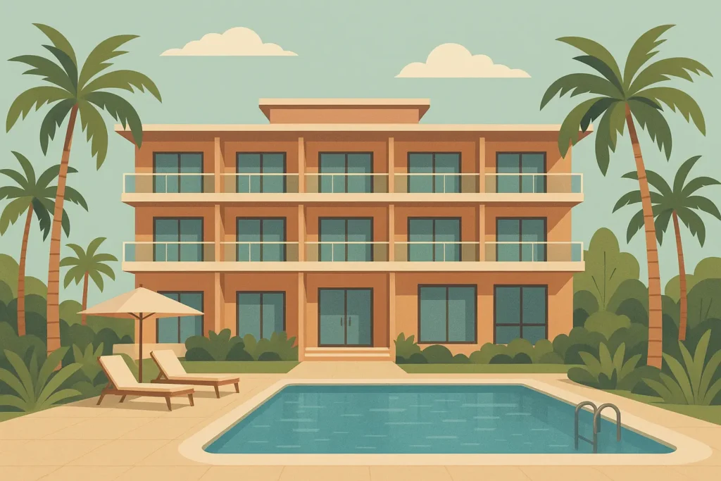Luxury resort pool area in Aruba with palm trees