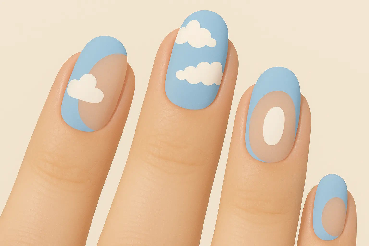 Fluffy white clouds painted on baby blue nail base