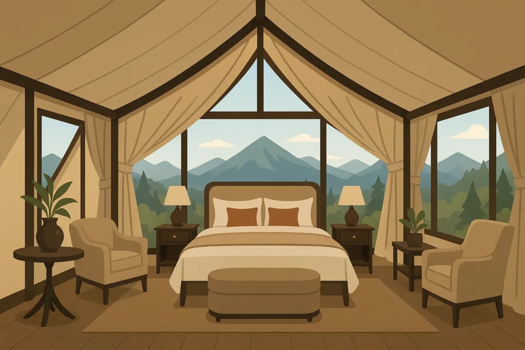 Luxury resort accommodations in Montana featuring upscale glamping and mountain views