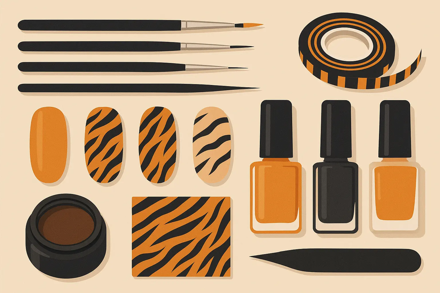 Professional nail artist applying tiger nail design