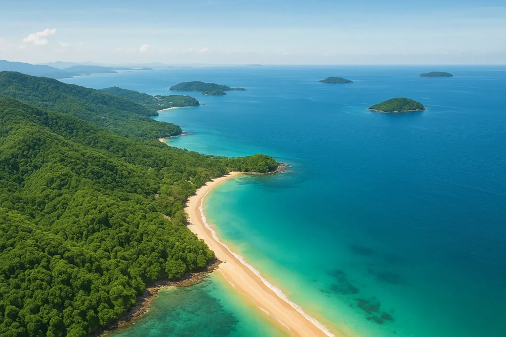 Phuket beach landscape with mountains