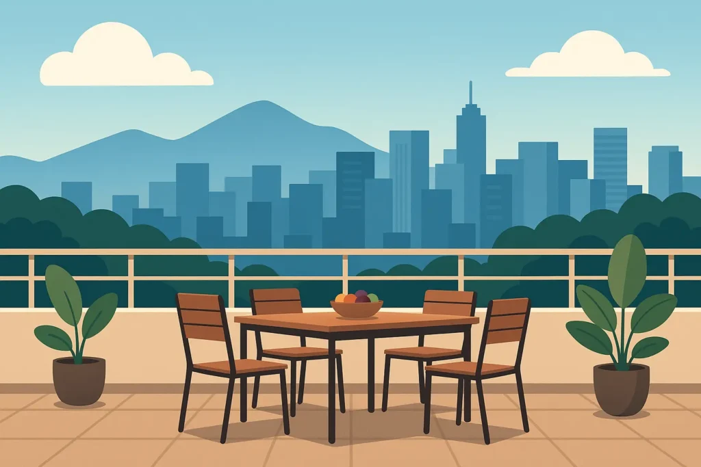 Denver rooftop celebration with mountain backdrop