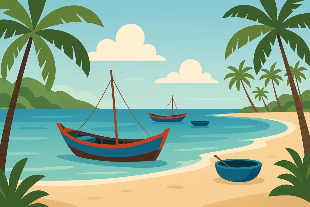 Vietnam coastal beach scene with traditional fishing boats and clear waters