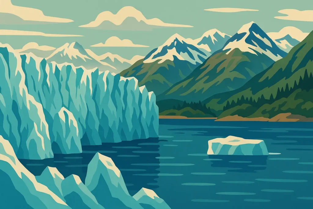 Alaska glacier and mountains reflected in calm waters