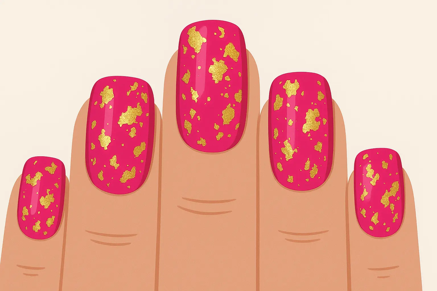 Hot pink nail art with gold foil