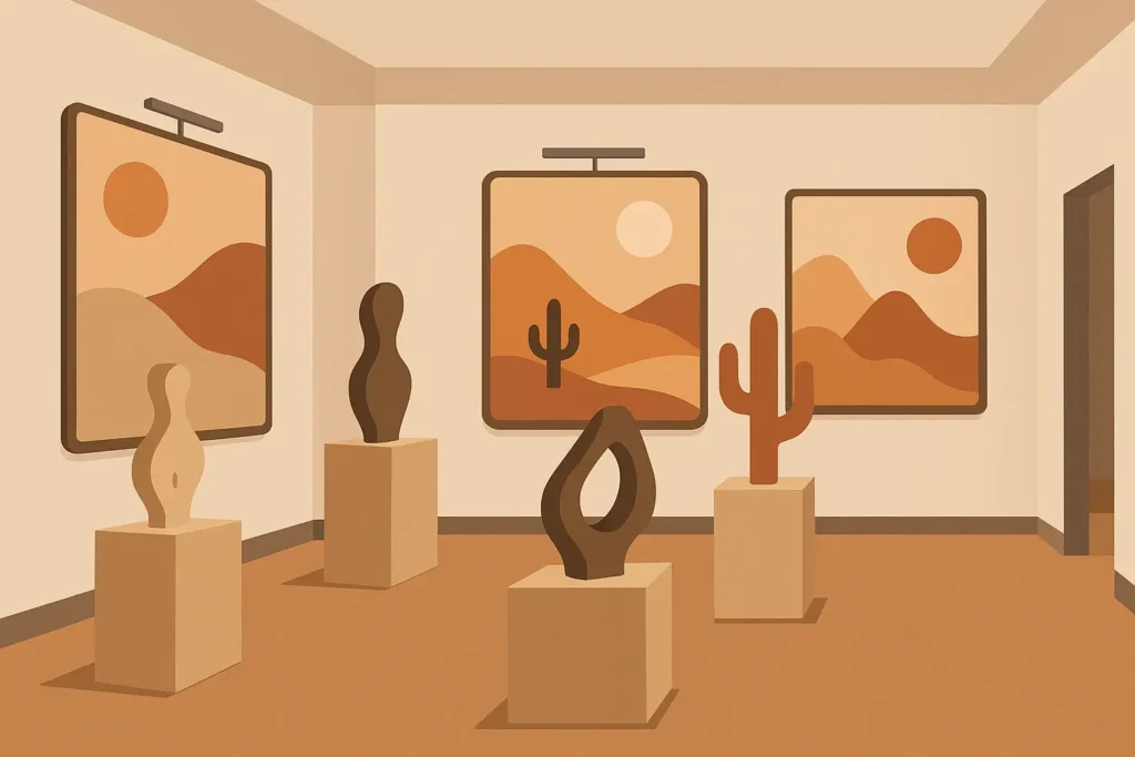 Contemporary art gallery interior with desert-inspired artwork