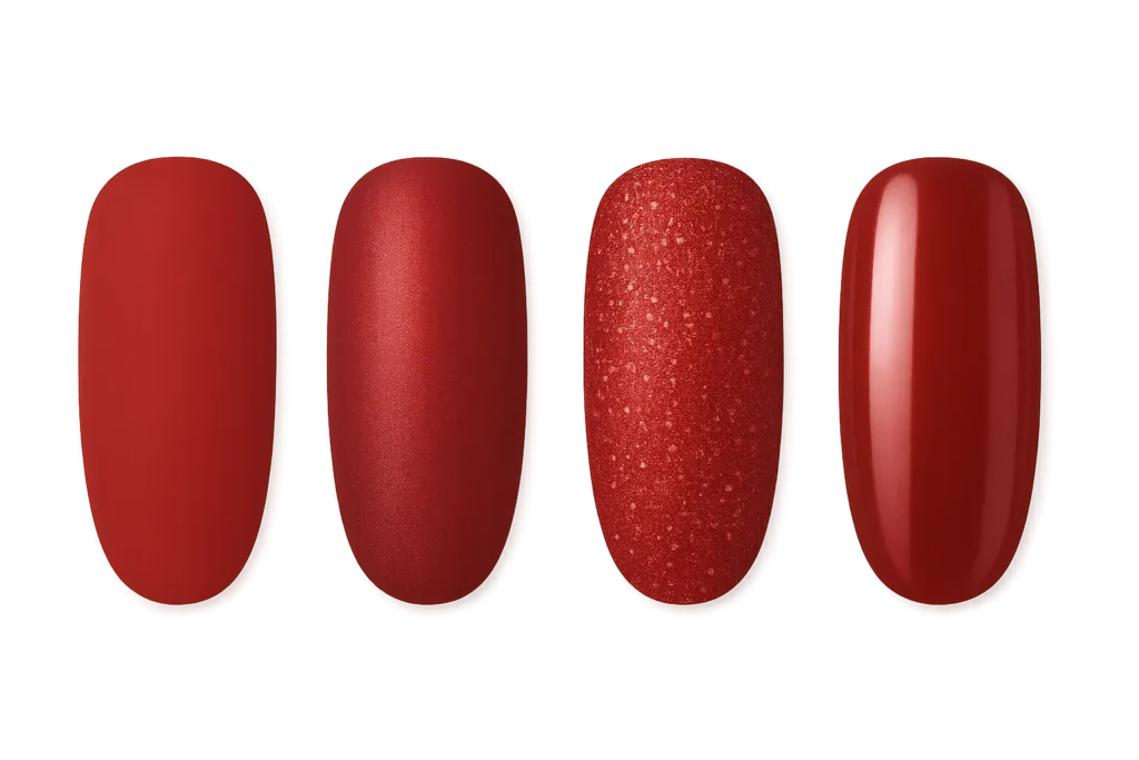 Specialty finish red nails showing matte, metallic, and chrome effects
