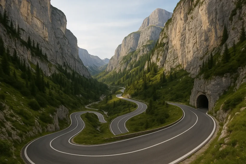 Winding mountain roads through Dolomites valleys