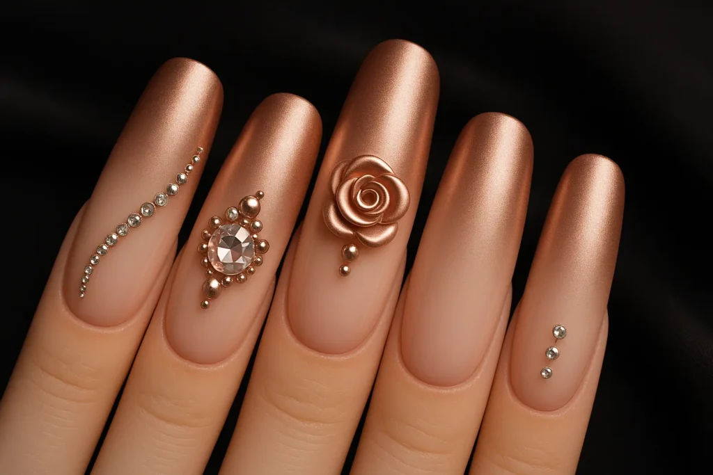 3D rose gold ombre with rhinestones nail design