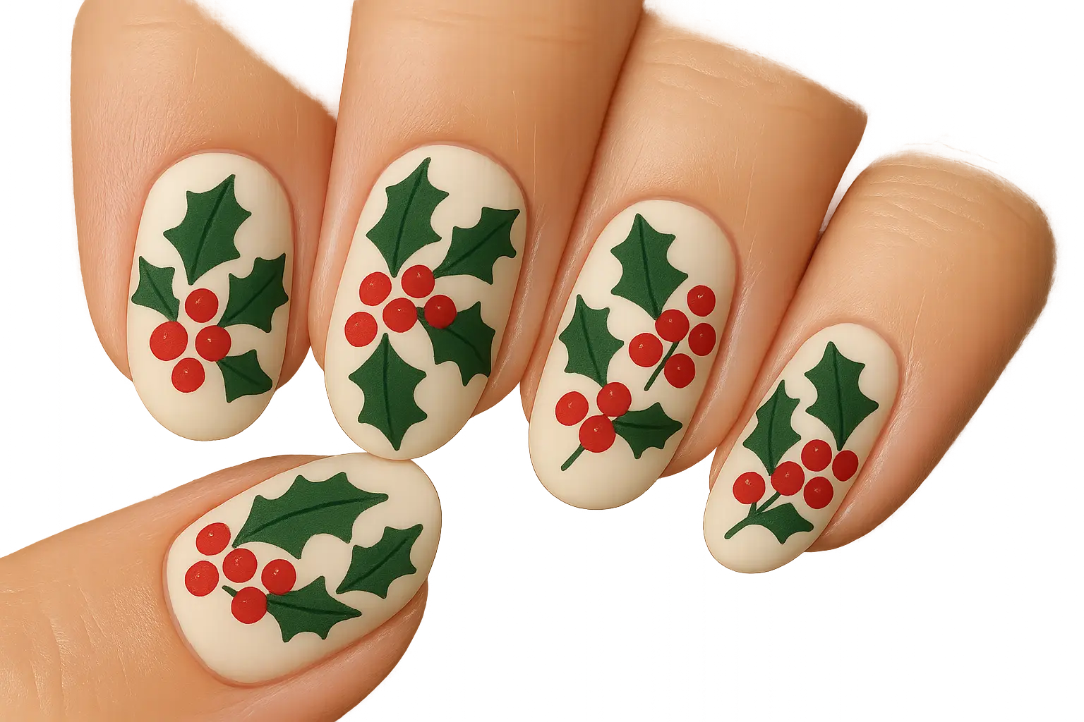 Holiday holly and berries nail design