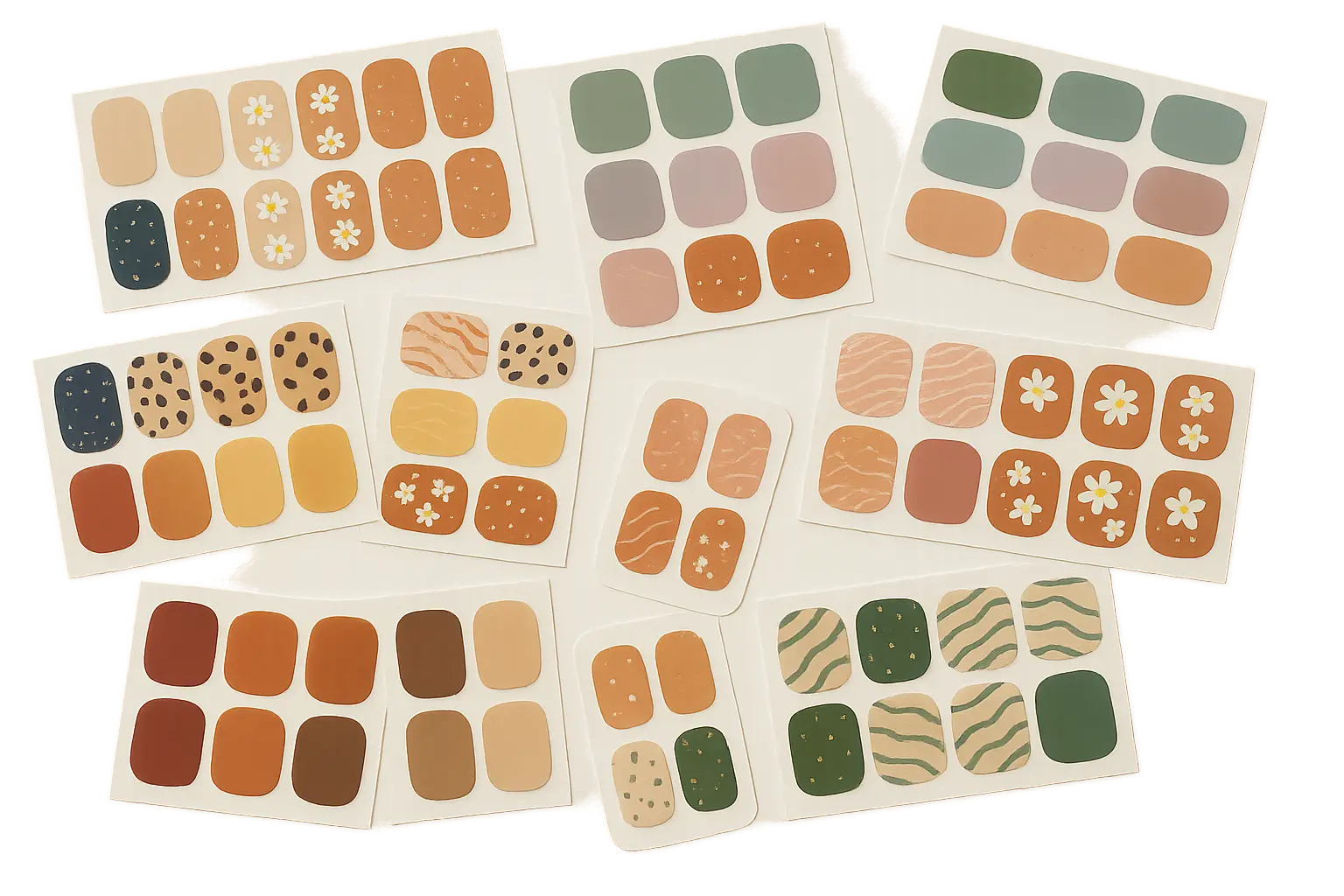 Various sticker nail designs displayed on fingertips