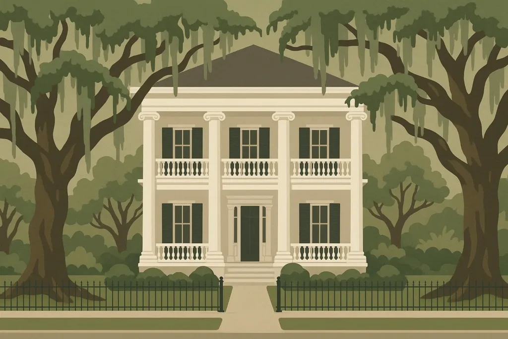 New Orleans Garden District mansion with ornate architecture and oak trees