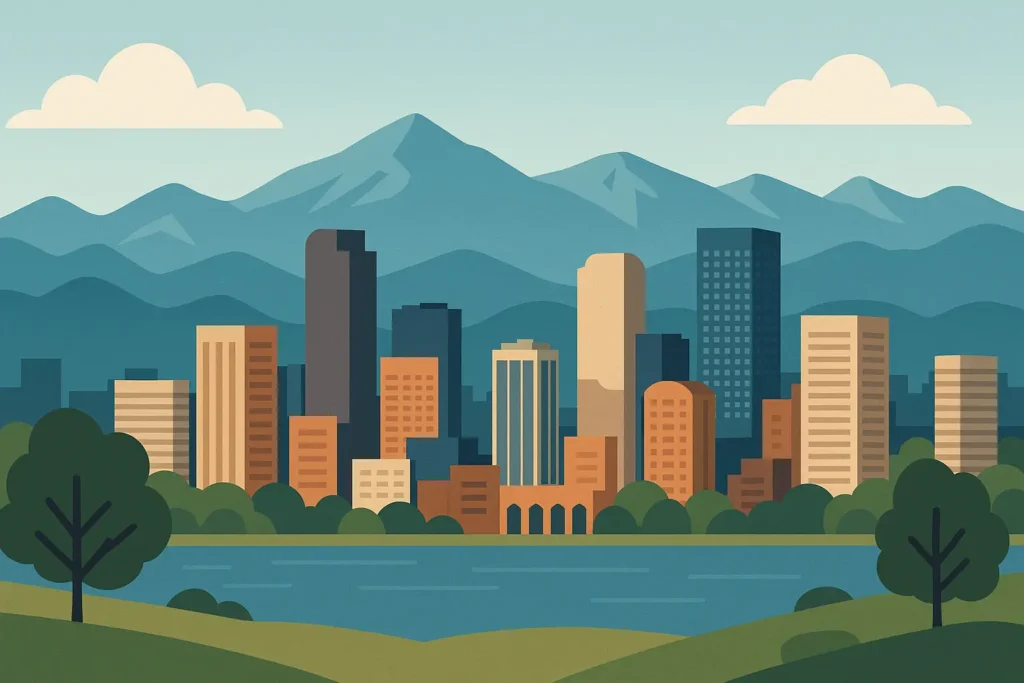 Denver skyline with Rocky Mountains backdrop