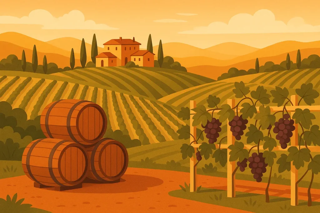 Tuscan vineyard landscape with rolling hills