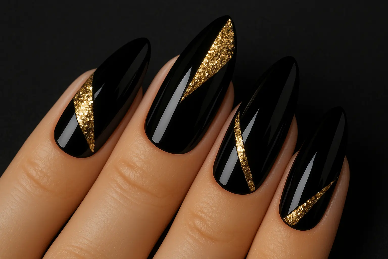 Bold statement glitter nails in electric blue and dramatic black and gold