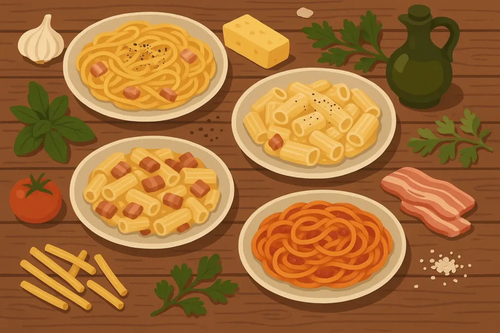 Traditional Roman pasta carbonara being prepared