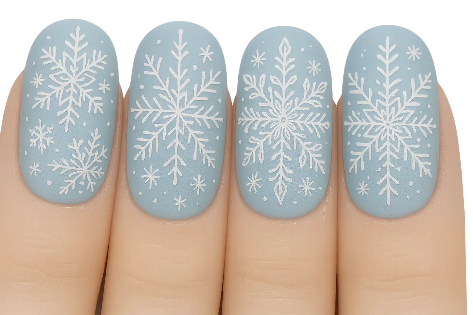 Delicate white snowflakes painted on baby blue nails
