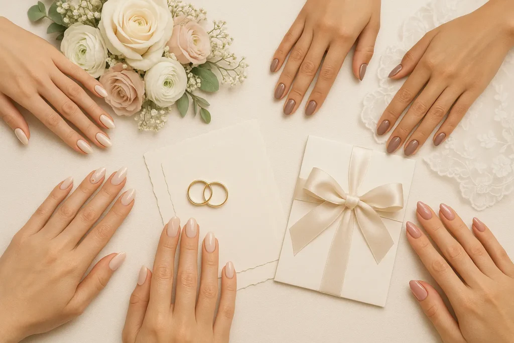 Bridal party showing coordinated elegant nail designs