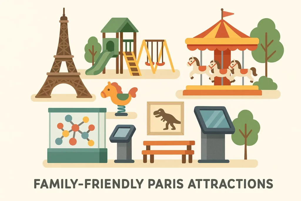 Family enjoying Paris park with children playing