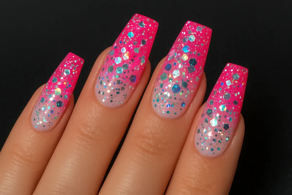 Hot pink to white ombre nails with chunky glitter