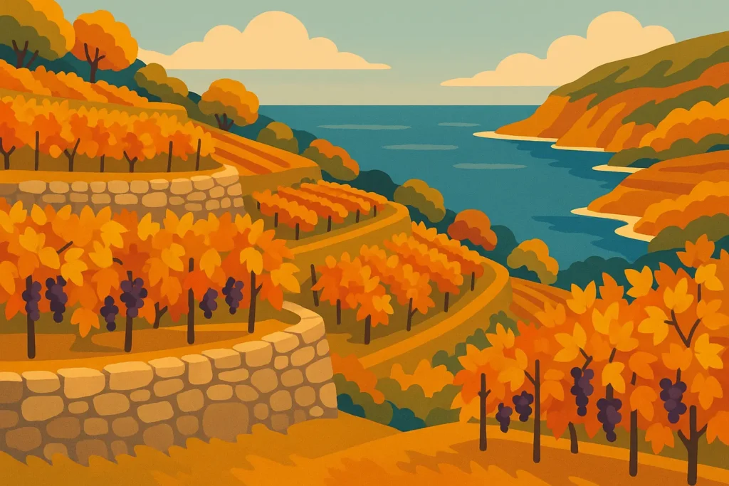 Autumn vineyard terraces with golden foliage overlooking the coast