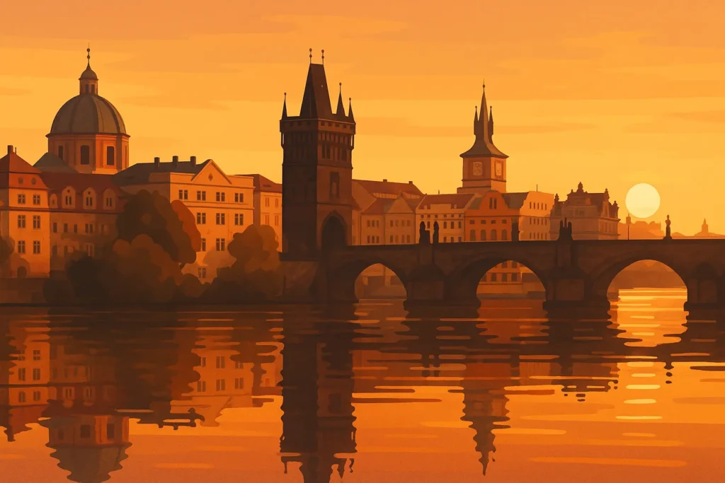 Romantic Prague evening scene with illuminated buildings
