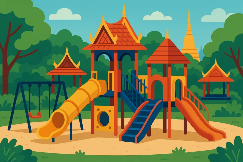 Bangkok family-friendly park with children playing