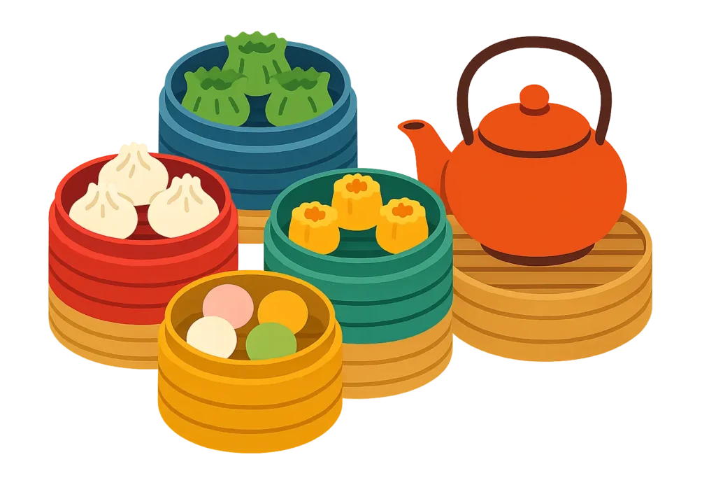 Traditional dim sum spread in Hong Kong restaurant