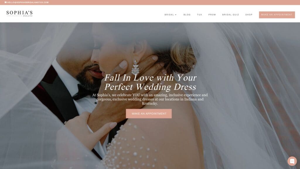 Sophia's Bridal and Tux website homepage