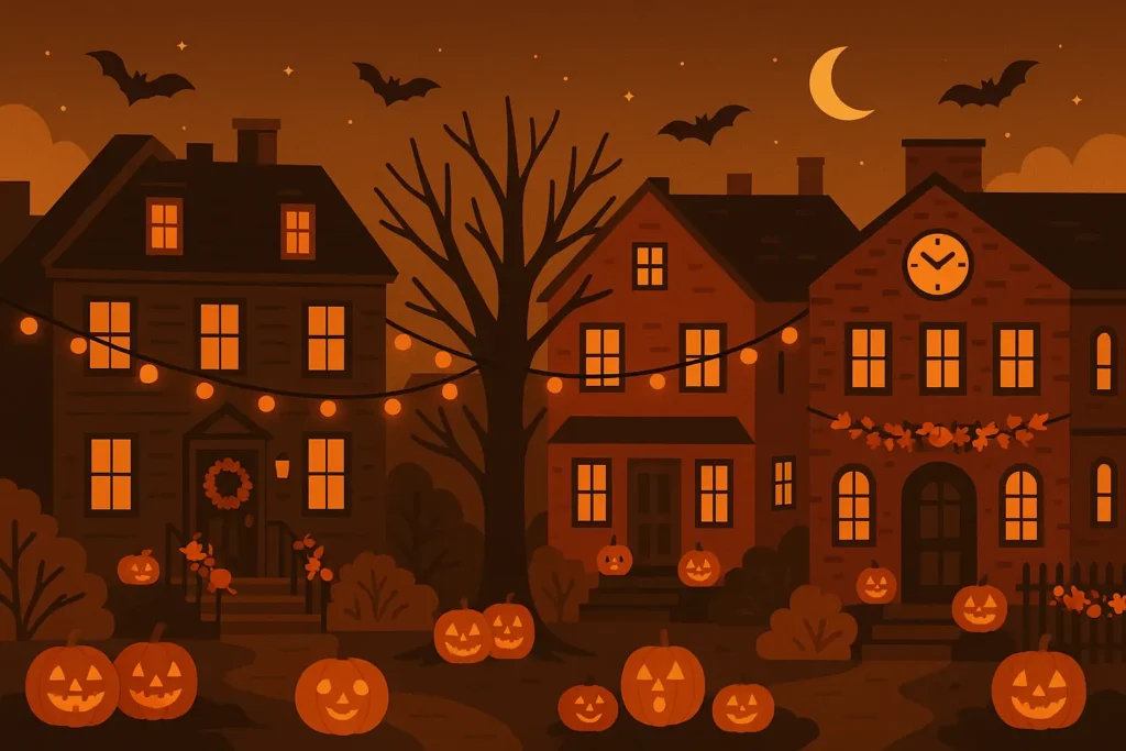 Salem during Halloween season showing costumed visitors and festive decorations