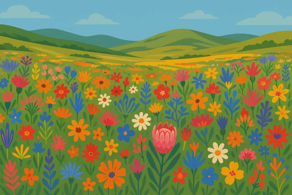 Colorful wildflower displays in South African fynbos landscape