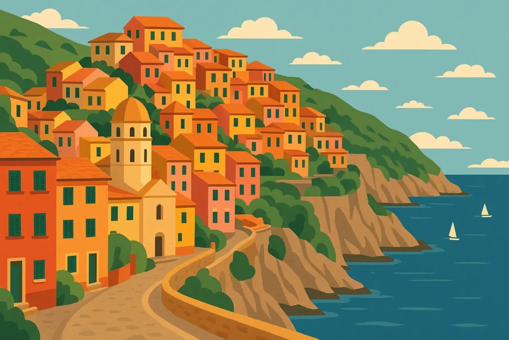Colorful cliffside houses cascading down to the Mediterranean Sea