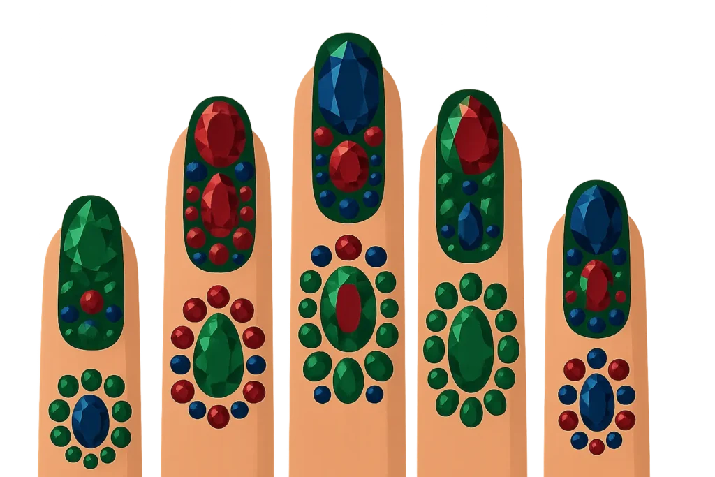 Jewel tone crystal mix nail design