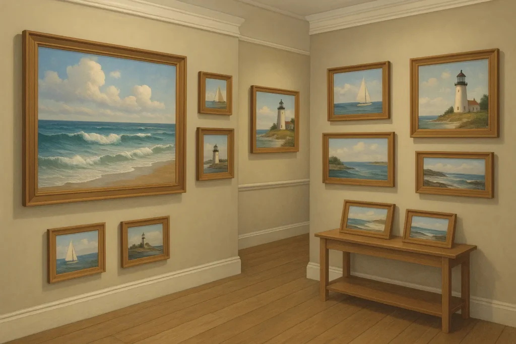 Cape Cod art gallery interior with coastal paintings