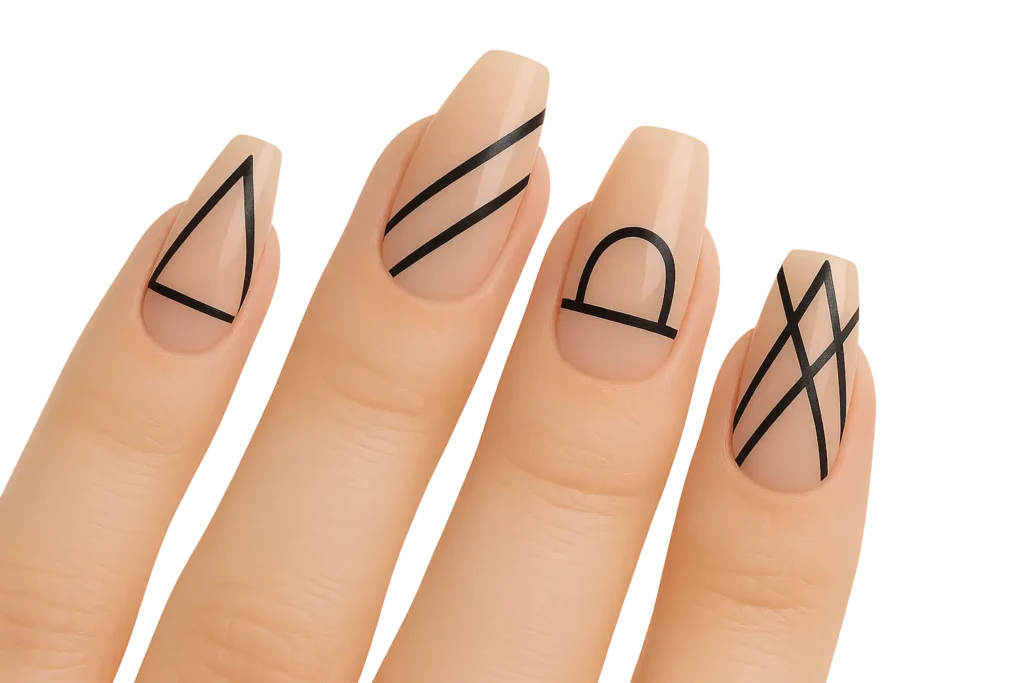 Negative space ballerina nail designs with geometric patterns