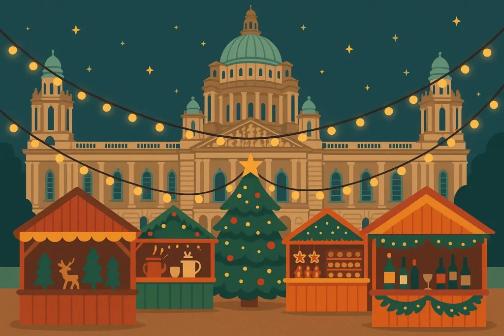 Belfast Christmas Market with festive lights and holiday decorations