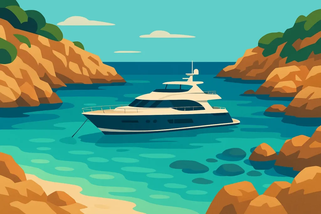 Luxury yacht anchored in Mediterranean bay