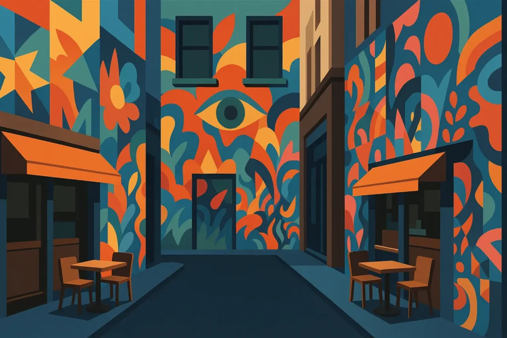 Melbourne laneways with colorful street art and cafes