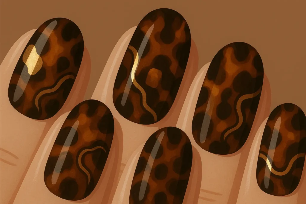 Bold metallic tortoise shell nail designs with gold accents