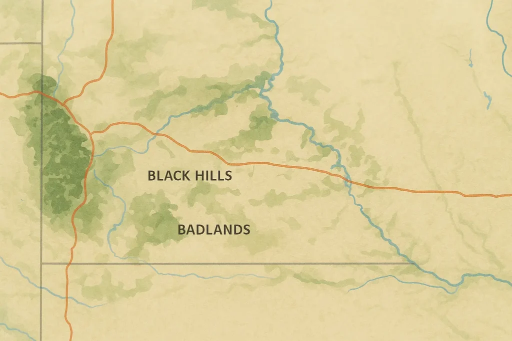 Map showing South Dakota attractions and distances