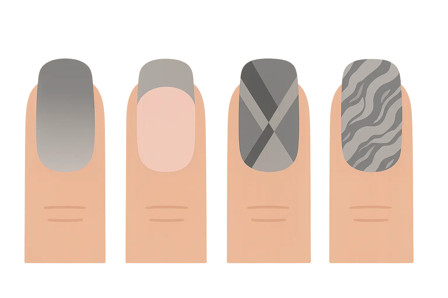 Creative gray nail art designs including ombre and geometric patterns