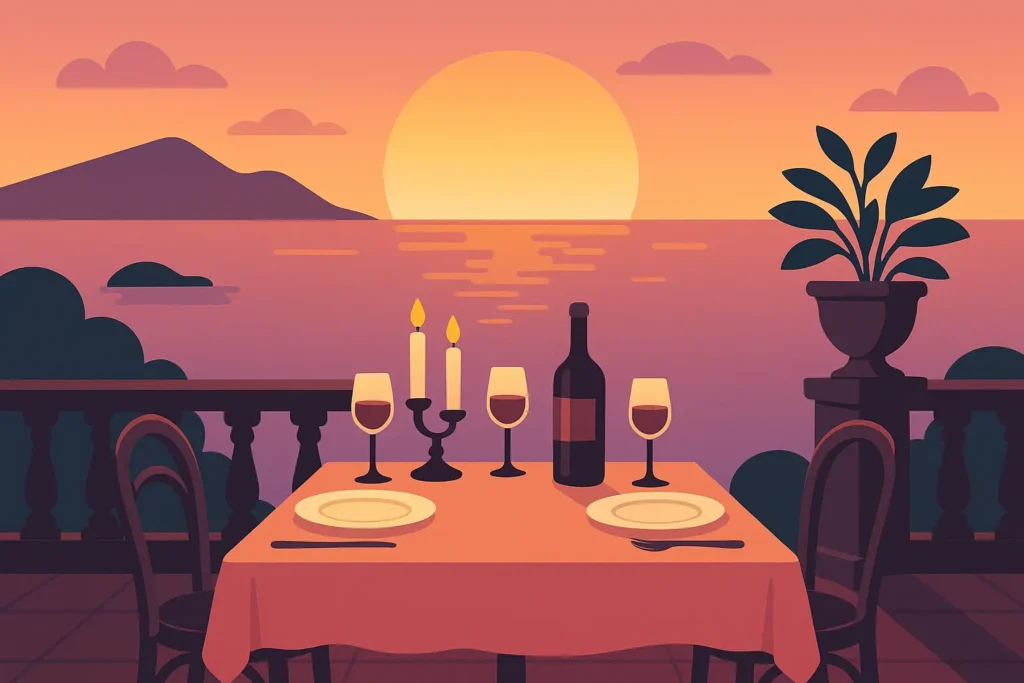 Romantic dinner setting with Mediterranean view