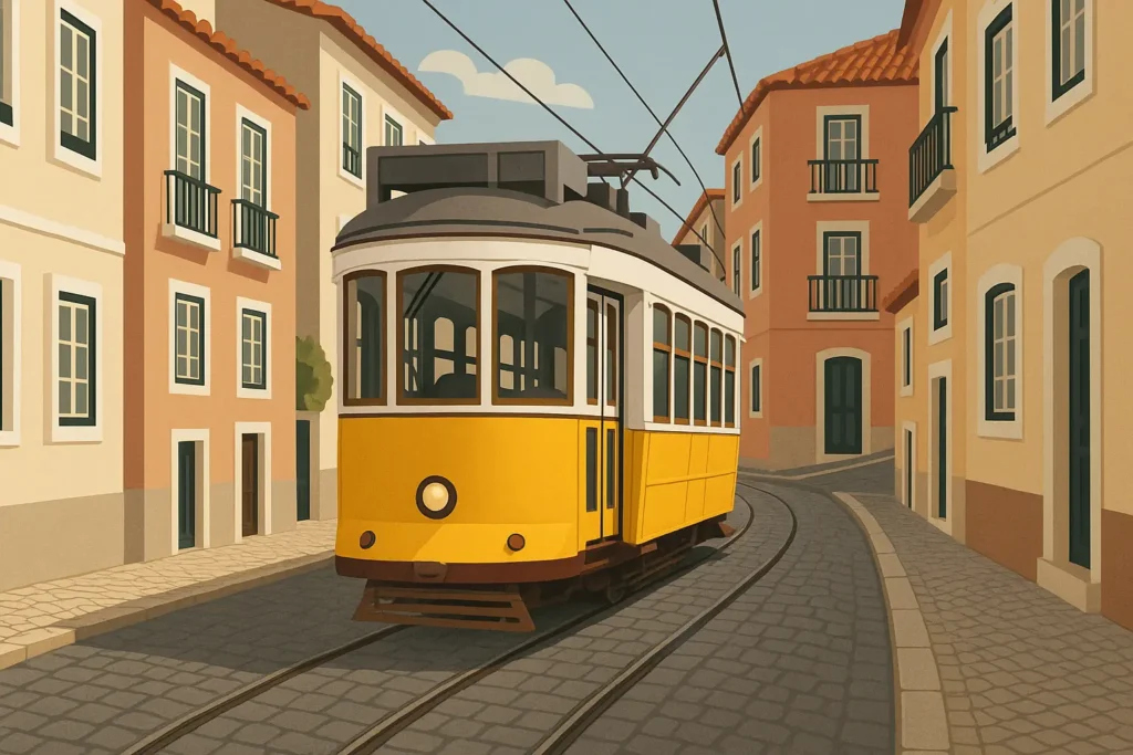 Historic Tram 28 navigating Lisbon's narrow cobblestone streets