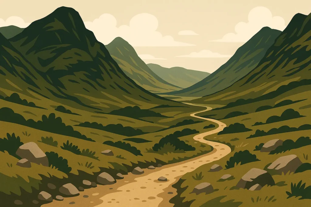 West Highland Way trail with hikers walking through Scottish mountains