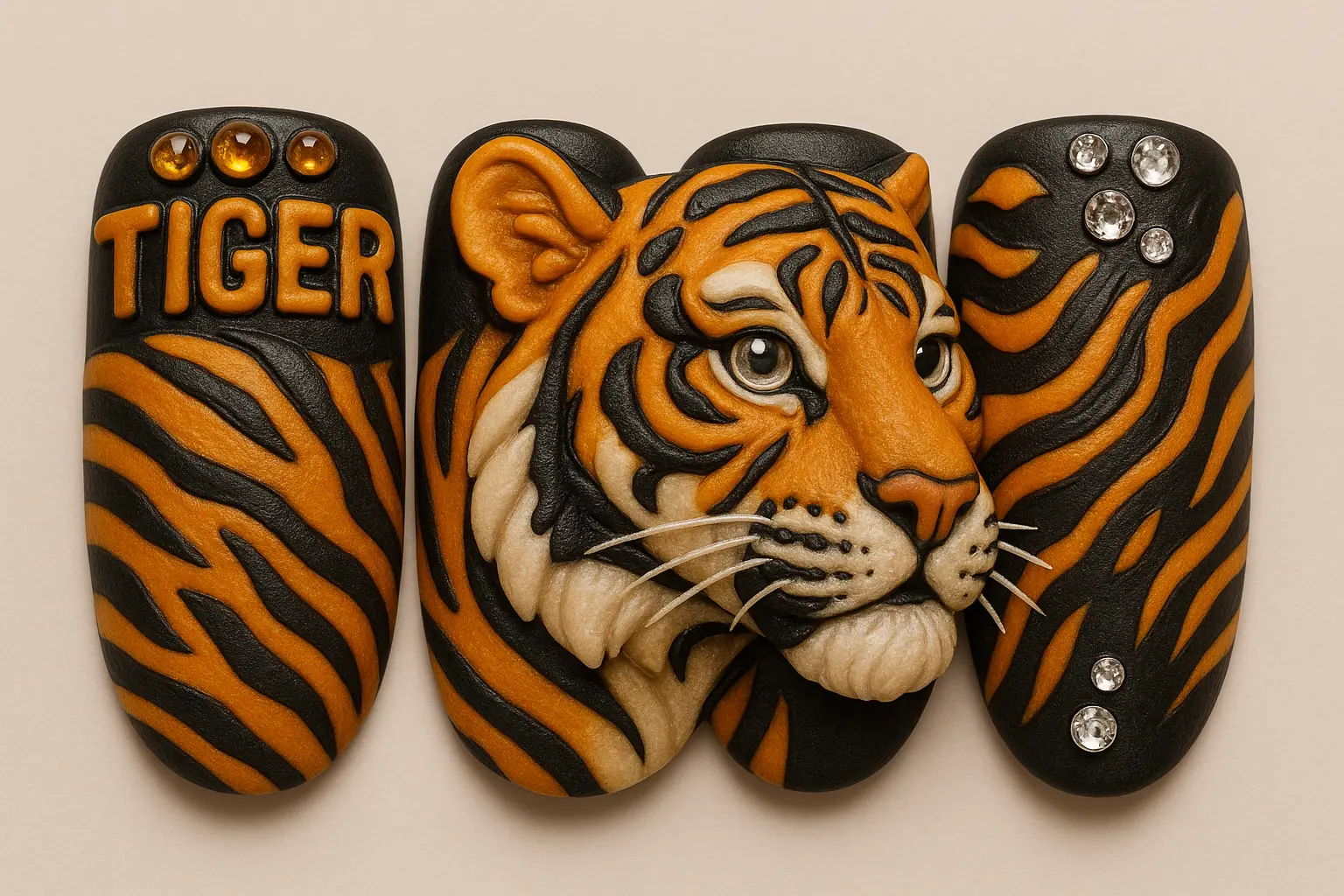 3D tiger nail art with textured elements and rhinestones