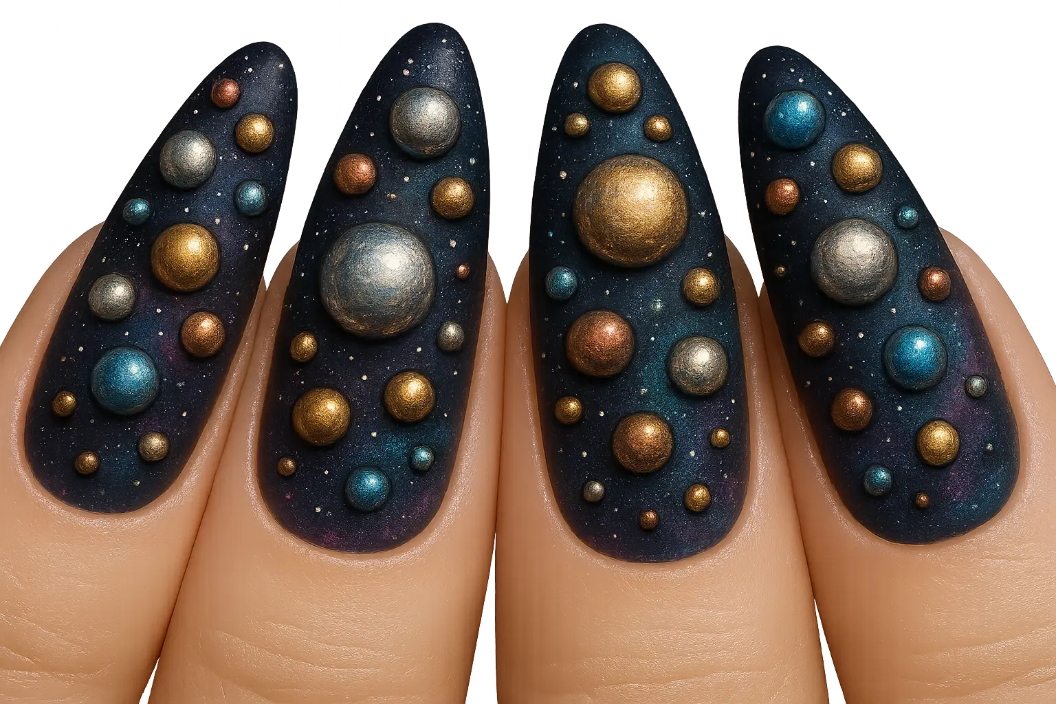 Galaxy-themed bubble nails with cosmic colors and glowing elements