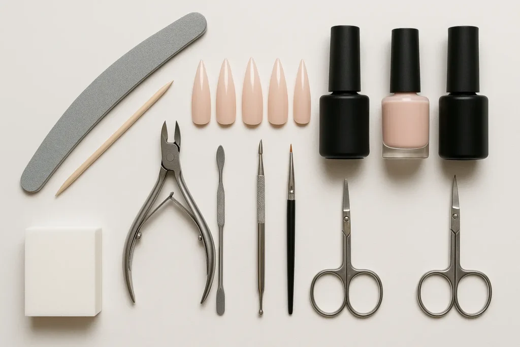 Professional nail technician applying stiletto nail extensions