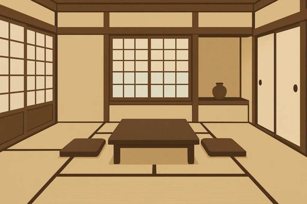 Traditional ryokan interior with tatami mats and kaiseki dinner setting